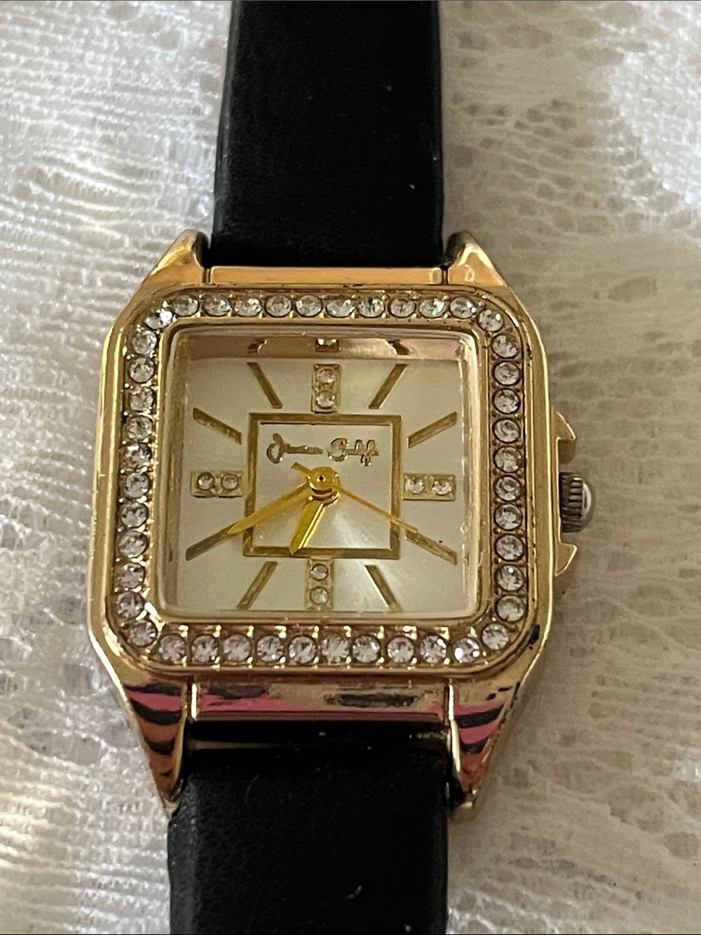 Jessica Carlyle Gold Square Crystal Accent Watch with Black Strap